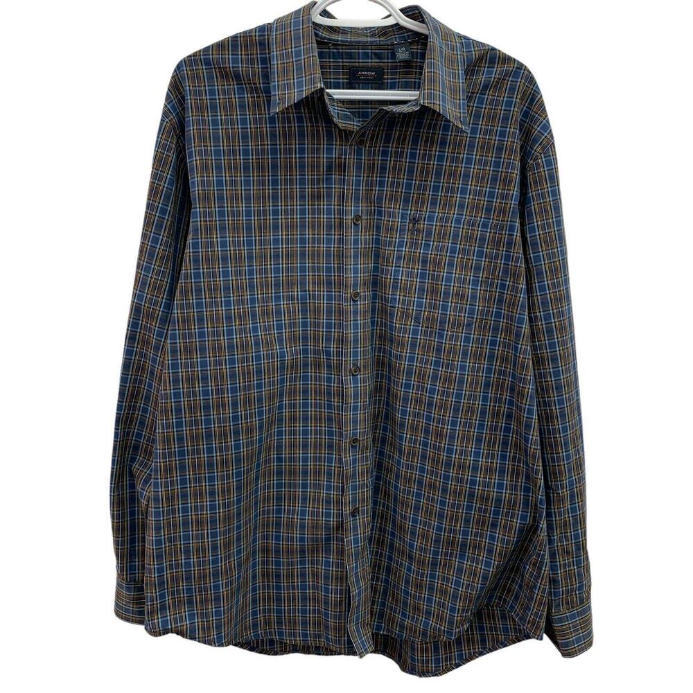 Arrow Mens Blue Brown Plaid Button Down Long Sleeve Plaid Shirt Size Large